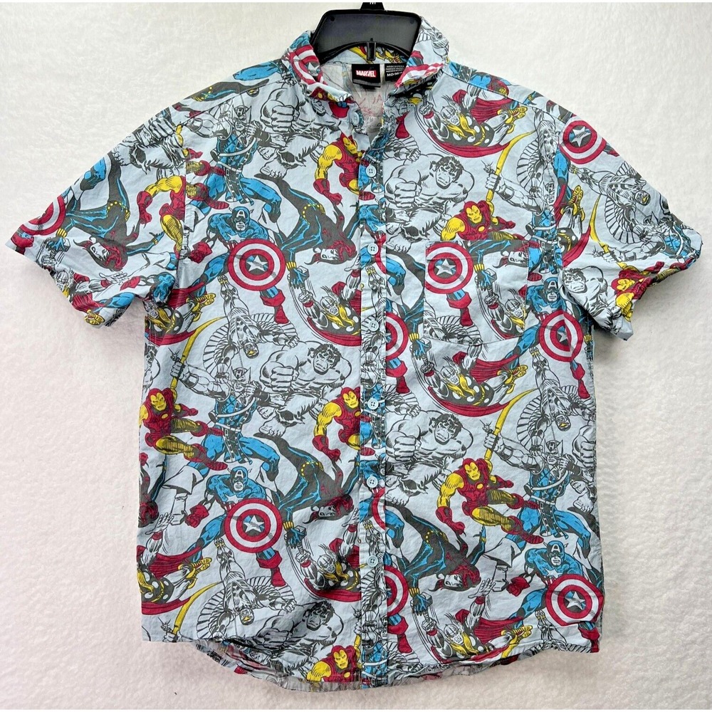 Marvel Comics Vintage Mens Medium Button front shirt Avengers Hulk‎ Iron man